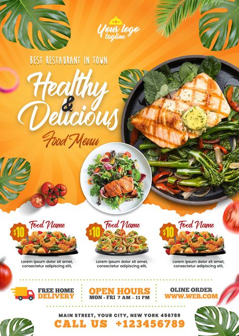 Food Flyer Design Ideas, Restaurant Flyer Design, New Year Food, Restaurant Promotions, Promotion Flyer, Food Promotion, Restaurant Poster, Menu Flyer, Healthy Food Menu