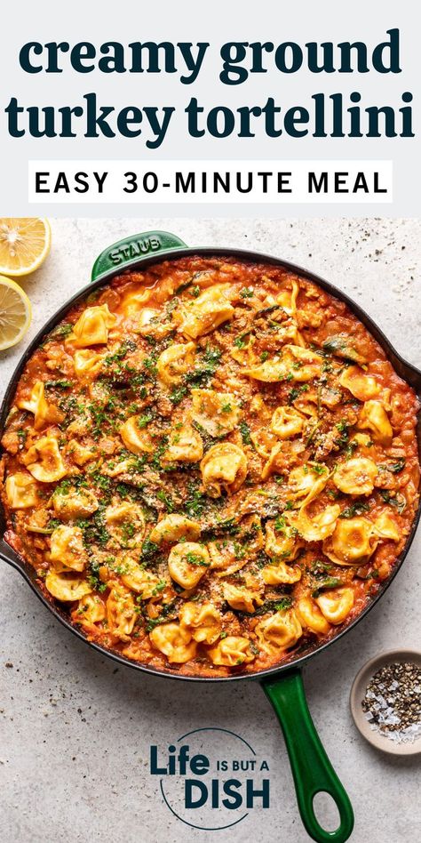 This easy ground turkey and tortellini recipe combines cheese tortellini, savory ground turkey, and a creamy pasta sauce made with marinara sauce and Greek yogurt for a satisfying meal that’s ready in a snap. Get ready to enjoy a hearty, healthy pasta dinner with little effort! Ground Turkey Pasta Instant Pot, Ground Turkey Orzo Recipes, Ground Turkey Tortellini, Creamy Tortellini Pasta, Buitoni Recipes, Turkey Pasta Recipes, Pasta With Ground Turkey, Ground Turkey Dinner, Healthy Pasta Dinner