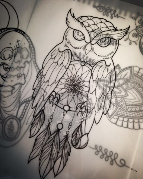 a dream catcher owl Owl Dream Catcher, Petit Tattoo, Dream Catcher Tattoo, Tattoo Zeichnungen, Owl Tattoo Design, 4 Tattoo, Tattoos Skull, Tattoo Sketch, Feather Tattoos