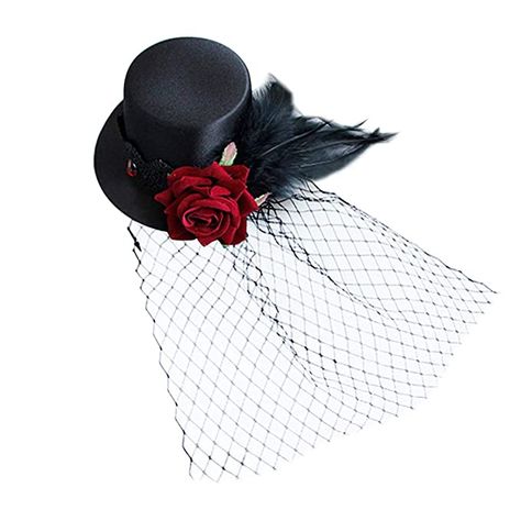 Tea Party Hats For Women, Mini Tea Party, Small Top Hat, Carnival Hairstyles, Veil Hair, Flat Top Hat, Rose Hair Clip, Veiled Hats, Hat Hair