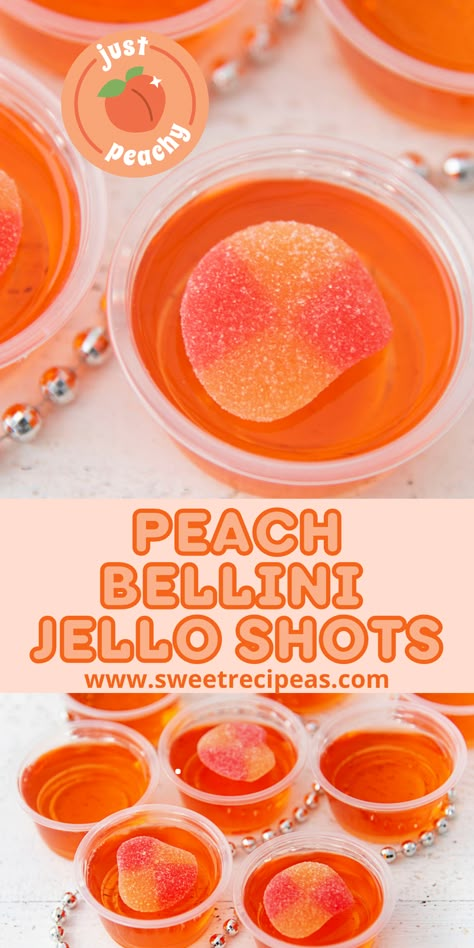 Strawberry Peach Jello Shots, Jello Shots Bachelorette Party, Peach Bellini Jello Shots, Brunch Jello Shots, Mimosa Jello Shots, Float Trip Drinks, Green Tea Jello Shots Recipe, Prosecco Jello Shots, Peach Schnapps Jello Shots