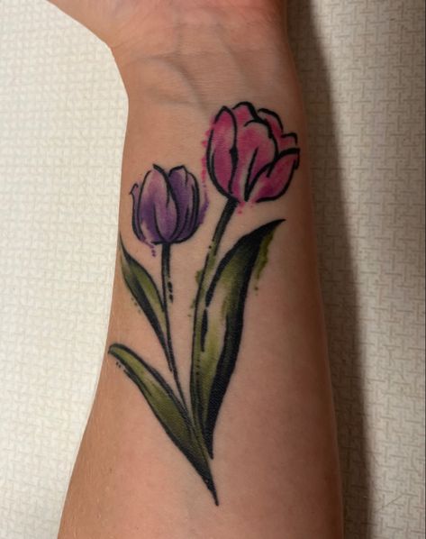 Watercolor Tulip Tattoo on forearm Tulip Tattoo Purple, Lotr Tattoo, Purple Tattoos, Tulip Tattoo, Watercolor Tulips, Purple Tulips, Watercolor Design, World Of Color, Pink And Purple