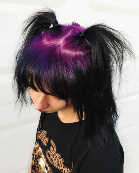 A fun, creative color created by Stylist Taylor Ord-White. Purple roots with black ends! Call 410-795-9465 to reserve today! #purplehair #blackhair #fashioncolors #pulpriot #alt #alternative #punk #egirl #egirlhair #tiktok #redken Split Dyed Purple Hair, Roots Different Color Hair, Hair Roots Dyed, Colorful Roots Black Hair, Colour Roots Black Hair, Purple Roots And Black Hair, Black Hair Coloured Roots, Short Hairstyle Dyed, Black And Purple Shag Hair