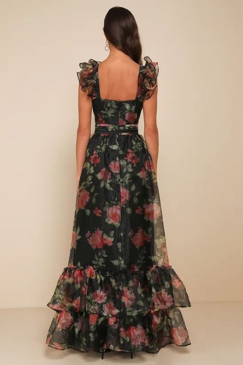 floral - Lulus Search Floral Dress Gown, Black Floral Gown, Garden Formal, Black Tie Wedding Guest Dress, Chinese Fancy Dress, Romantic Maxi Dress, Organza Gown, Ruffled Gown, Floral Bridesmaid Dresses