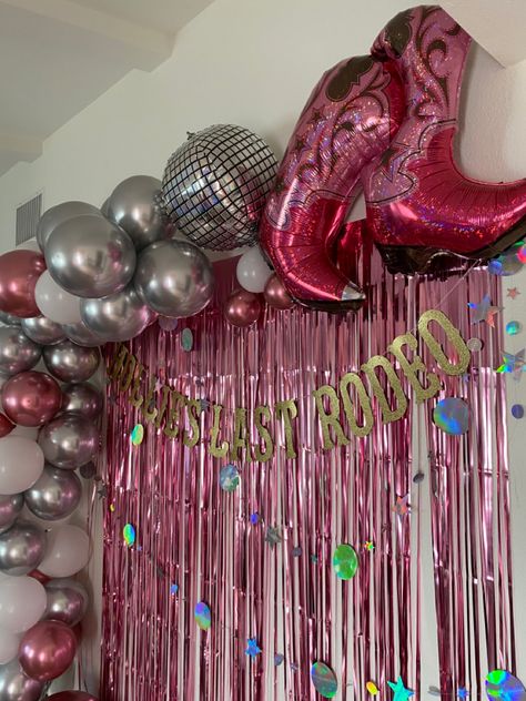 Balloon backdrop #cowgirl #spacecowgirl #bachelorette #nashbash #discoball Disco Cowgirl Photo Backdrop, Space Cowgirl Party, Preppy Cowgirl, Cowgirl Photo, Cowgirl Decor, Cowgirl Bachelorette Parties, 18th Bday, Cowgirl Birthday Party, Cowgirl Bachelorette