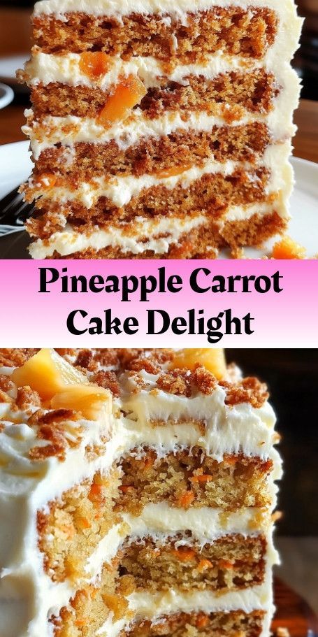 Pineapple Carrot Cake Delight Recipe - Moist and Delicious Fall Treat!" This Pinterest pin showcases our delicious Pineapple Carrot Cake Delight recipe, perfect for the fall season. The moist and tender cake is infused with pineapple and carrots, topped with a creamy cream cheese frosting. With warm spices and a hint of sweetness, this cake is a must-try for any dessert lover #CarrotCake #PineappleCarrotCake #FallBaking #CreamCheeseFrosting #HomeBaking #CakeRecipe #FallDesserts #DessertLovers" Tropical Carrot Cake Recipe, Pineapple Carrot Cake, Carrot Desserts, Carrot Cake With Pineapple, Pineapple Delight, Pineapple Cake Recipe, Carrot Cream, Carrot Cake Cupcakes, Best Carrot Cake