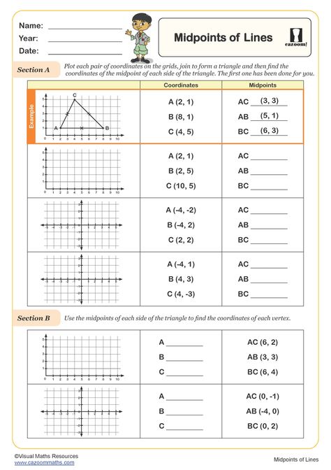 In this terrific Midpoints of Lines Worksheet, students will plot, read, and write coordinates in both the first quadrant and all four quadrants while working with midpoints of lines. Ks3 Maths Worksheets, Year 9 Maths Worksheets, Ks1 Maths Worksheets, Year 8 Maths Worksheets, Year 6 Maths Worksheets, Year 7 Maths Worksheets, Year 5 Maths Worksheets, Year 4 Maths Worksheets, Year 3 Maths Worksheets