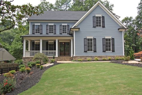 Blue House Exterior With Shutters, Blue House Black Shutters, Blue House Exterior, Navy Blue Houses, Dark Blue Houses, Window Shutters Exterior, Freedom House, Best Exterior Paint, Exterior Houses