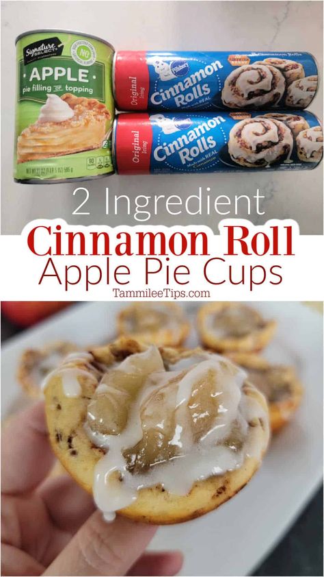 Easy 2 Ingredient Cinnamon Roll Apple Pie Cups are the perfect sweet breakfast treat or dessert! Make these easy dessert cups in minutes! Easy Dessert Cups, Cinnamon Roll Apple Pie Cups, Cinnamon Roll Cups, Apple Pie Cups, Cinnamon Roll Desserts, Pie Cups, Cinnamon Roll Apple Pie, Cinnamon Apple Pie, Cinnamon Roll Muffins