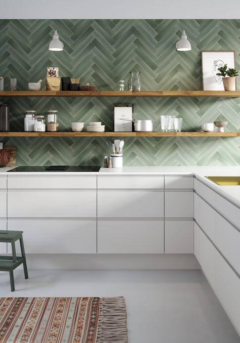 Herringbone Tiles Kitchen, Green Kitchen Backsplash, Green Tile Backsplash, Light Green Kitchen, Herringbone Tiles, Kitchen Splashback Tiles, Modern Kitchen Renovation, Green Backsplash, Open Plan Kitchen Dining Living