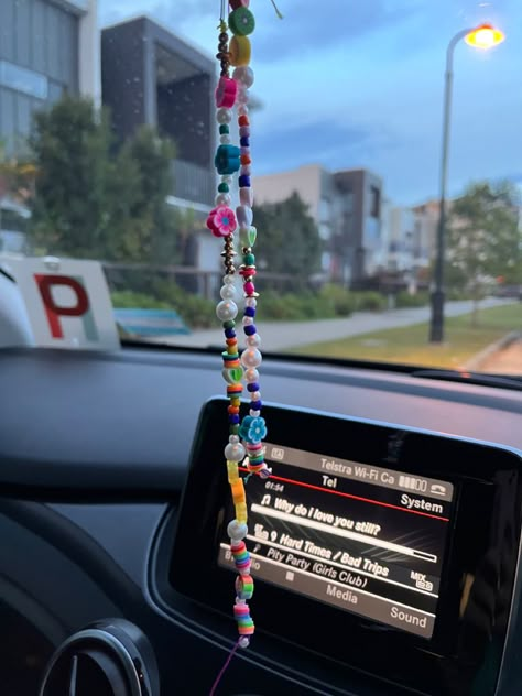 hanging beading #beading #beads #jewllery #diy #summer #australianhandmade #car #decor Bead Car Accessories, Bead Crafts Aesthetic, Car Beads Rear View Mirror, Beaded Car Charms Diy, Diy Car Hanging Accessories, Diy Car Mirror Hangers, Diy Car Charms, Car Charms Diy, Coolest Crafts