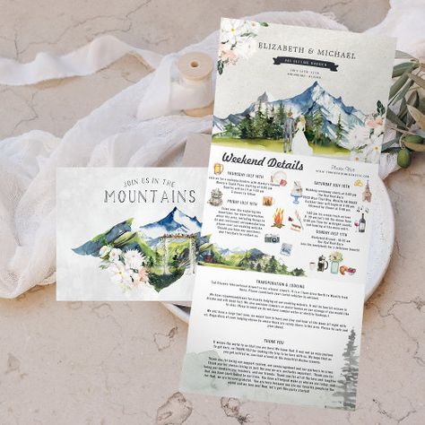 Rustic Glacial Mountain Illustrated Wedding Tri Fold Invitation #zazzle #weddinginvitations #birthdayinvitations #babyshowerinvitations #zazzleinvitations #monogram #businesscards #graduation #homedecor Destination Wedding Itinerary, Wedding Invitations Chic, Rustic Country Wedding Invitations, Fun Bachelorette Party Ideas, Itinerary Invitation, Custom Wedding Map, Rustic Mountain Wedding, Wedding Invitation Templates Rustic, Illustrated Wedding Invitations