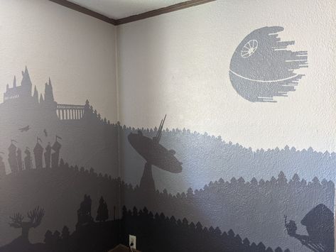 Starwars Nursery Mural, Star Wars Nursery Mural, Harry Potter Star Wars Nursery, Harry Potter And Star Wars Nursery, Star Wars Mural Bedroom, Nerd Nursery Ideas, Gamer Nursery, Lotr Nursery, Baby Boy Nursery Stars