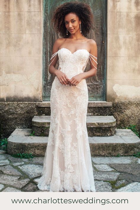 A unique fitted lace wedding dress from Madison James. This gown has a unique, beaded strap detailing reminiscent of a flapper girl. Great Gatsby wedding anyone? Charlotte's is the best wedding dress shop in Portland, Oregon with the largest selection of wedding dresses in PDX. Find plus size, a line, fit and flare, beaded wedding dresses and so much more! Shop bridal accessories, veils, jewelry and bridal merch! Madison James Wedding Dress, Sheath Wedding Gown, Girls Bridesmaid Dresses, Madison James, Designer Bridal Gowns, Wedding Dresses Beaded, Fitted Wedding Dress, Wedding Dresses Strapless, Allure Bridal