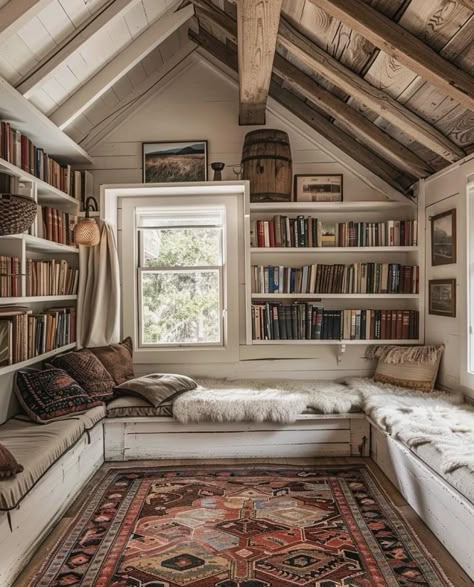 Big Library In House, Manifesting House, Modern Attic, Home Library Rooms, Public Libraries, Home Library Design, Attic Spaces, Attic Remodel, Study Room Decor