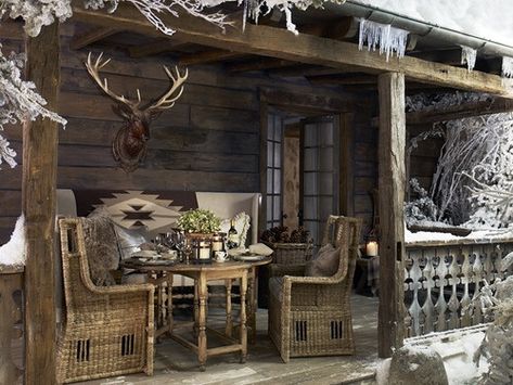 should not have to change any of this. Indeed, with some easily followed guidelines everyone can enjoy their patio during winter. Alpine Lodge, Lodge Homes, Rustic Country Home, Elegant Country, Wicker Chairs, Cabin Style, Cabins And Cottages, Country Style Homes, Rustic Living