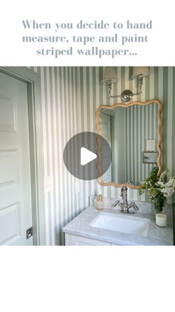 Rebecca Hewitt | Home Styling & Interior Design on Instagram: "When hand measuring, taping and painting for a striped wallpaper look, the transition from the intensity of the process to the serenity of the final product is a violent jump! But worth every minute in the end.  Would you do painted striped wallpaper?!   Paint Color: @benjaminmoore Salisbury Green, flat sheen, lightened by 50%  Tape: @frogtape multi surface, 1.41”   Blood, sweat + tears: my own 😅" Striped Wallpaper Powder Room, Bathroom Stripes Paint, Striped Walls Bathroom, Striped Powder Room, Striped Bathroom Walls, Striped Wallpaper Bathroom, Painted Stripes On Wall, Wallpapered Bathroom, Attic Addition