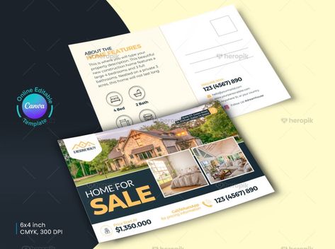 Home for Sale Real Estate Postcard Canva Template - Heropik | Marketing Materials For Small Businesses Real Estate Postcards, Postcard Template, Postcard Design, Promote Your Business, Advertising Design, File Format, Marketing Materials, Home For Sale, Canva Template