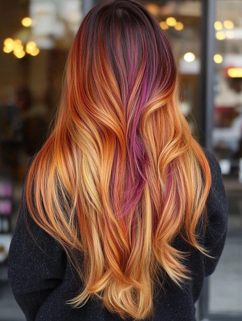 Sunset Hair Color Ombre, Long Hair Color Ideas, Orange Ombre Hair, Sunset Hair Color, Balayage Long Hair, Soft Balayage, Sunset Hair, Purple Ombre Hair, Curly Pixie Haircuts