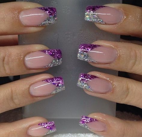 Glittery Purple French Tip Nails, Fingernail Designs For Work, Purple Nail Art Designs French Tips, Purple And Silver Nails Designs, Sassy Nails Designs, Nail Art Simple Elegant Natural, Nails Almond Valentines, Nail Art Aesthetic Pastel, Nail Art Simple Elegant Classy