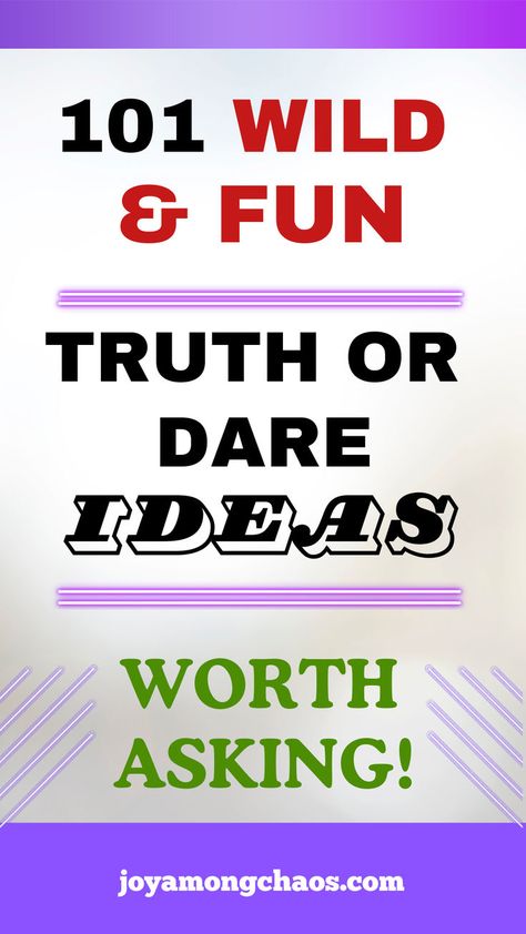 101 Fun Truth or Dare Ideas Juicy Truths For Truth Or Dare, Funny Truths For Truth Or Dare, Fun Truth Or Dare Questions For Friends, Funny Dares For Friends, Halloween Truth Or Dare Questions, Funny Truth Or Dare Questions, Truth Or Shots Questions, Truth Or Dare Questions For Adults, Dares For Teenagers