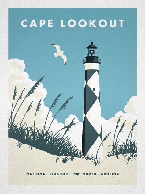 Cape Lookout poster. Lighthouse Graphic Design, House Poster Design, Cape Lookout Lighthouse, Lighthouse Poster, House Poster, Lighthouse Tattoo, Lighthouse Painting, Lighthouse Art, Vintage Poster Design