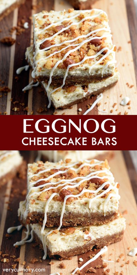 Eggnog Treats, White Chocolate Drizzle, Eggnog Cheesecake, Melted White Chocolate, Eggnog Recipe, Baking Cookies, Chocolate Drizzle, Cheesecake Bars, Christmas Cooking