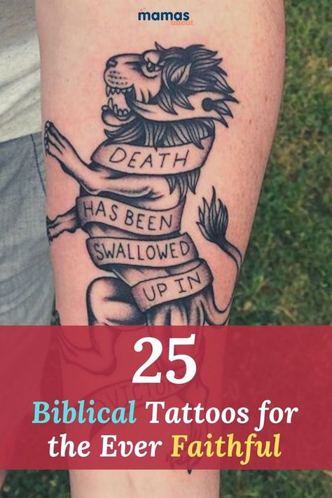 25 Biblical Tattoos Inspired By The Good Book #tattooideas #tattooideasforgirls #tattooideasforguys #womenstattoo #tattoodesign #tattoostyle Tattoo Ideas For Men Biblical, Meaningful Biblical Tattoos, Conquerer Tattoo, Biblical Tattoo Designs, Christian Symbolism Tattoo, Bible Imagery Tattoos, Biblical Imagery Tattoos, Job Tattoo Bible, Bible Story Tattoo Sleeve