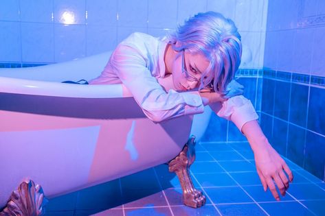 Pose Reference Bathtub, Floating In Air Pose Reference, Art Poses Floating, Floating In Space Pose, Floating Pose, Magical Girl Aesthetic, Surealism Art, Paint Photography, Body Reference Poses