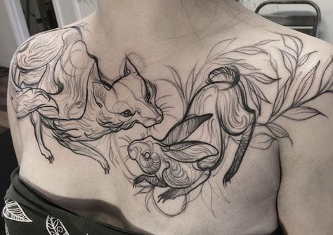 Sketchy Tattoo, 12 Tattoos, Tier Tattoo, Sketch Style Tattoos, Cool Chest Tattoos, Rabbit Tattoos, Chest Tattoos For Women, Chest Tattoo Men, Make Tattoo