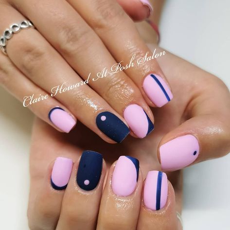 Navy Blush Nails, Navy Blue And Pink Nail Ideas, Navy And Hot Pink Nails, Pink And Navy Nail Designs, Pink Navy Nails, Pink And Dark Blue Nails, Blue Pink Nails Design, Blue And Pink Nails Acrylic, Pink Blue Nails Designs