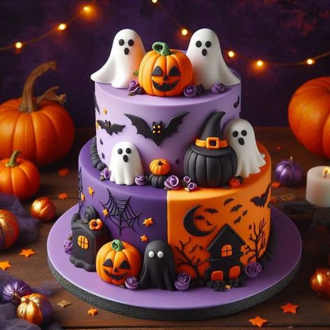 Birthday Cakes Halloween, Two Tier Halloween Cakes, Halloween Cake Ideas Birthday, Mini Halloween Cakes, Pastel Halloween Cake Ideas, Halloween Birthday Cakes For Kids, Halloween Buttercream Cake, Fondant Halloween Cakes, Halloween Themed Birthday Cake