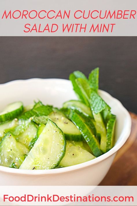 This tangy Moroccan cucumber salad with mint is a perfect side dish for roasted meats and fish or burgers. It also makes a great Moroccan salad recipe to pair with other salads. Turkish Cucumber Salad, Moroccan Appetizer Recipes, Middle Eastern Cucumber Salad, Moroccan Sides, Moroccan Salad Recipe, Africa Dishes, Moroccan Food Recipes, Moroccan Side Dishes, Moroccan Foods