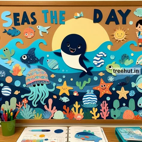 Ocean School Bulletin Board ideas and Ocean Door Décor. Ocean Theme Preschool Classroom Bulletin Boards Under The Sea, Ocean Classroom Decorations, Underwater Bulletin Board, Ocean Bulletin Board Ideas, Ocean Classroom Theme, Summer Classroom Decor, Ocean Bulletin Board, Ocean Activities Preschool, School Bulletin Board Ideas