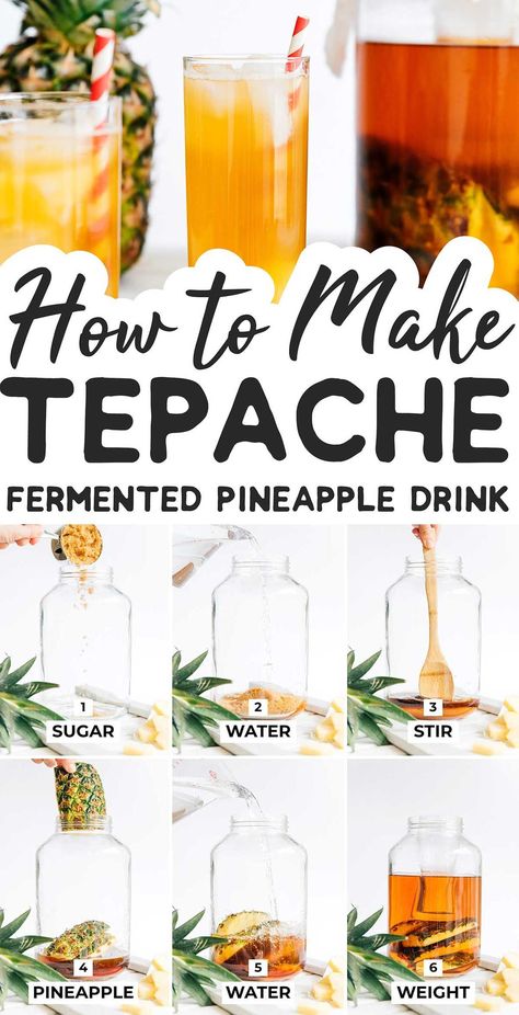 The foolproof guide to easy pineapple tepache, a fizzy fermented Mexican drink made from just pineapple peels, sugar, and water! This flavor packed fermentation if a fun home project, tasting like a cross between kombucha and beer! #fermentation #tepache #mexican #drink #beverage #fermented #pineapple #beer Fermented Pineapple Drink, Fermented Drinks Recipes, Pineapple Scraps, Beer Fermentation, Fermented Soda, Pineapple Kombucha, Fermented Pineapple, Tepache Recipe, Pineapple Beer