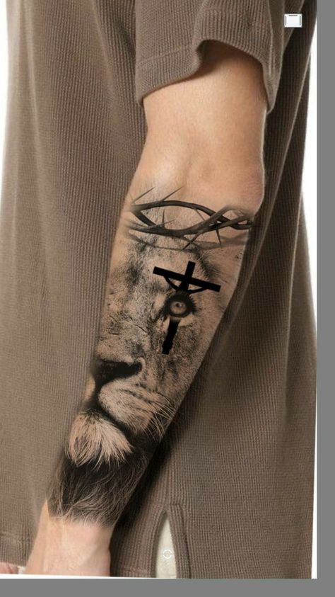 Men’s Cross Tattoos, Outside Forearm Tattoo Men Ideas, Outdoors Tattoo For Men, Christian Tattoos For Men Forearm, Faith Tattoo Men, Christian Tattoos For Women Sleeve, Cross Tattoo On Forearm, Lion Cross Tattoo, God Tattoos For Men