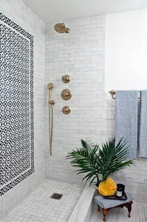 Mixed tile is everything your bathroom needs in 2017. Tiled Bathroom, Outdoor Showers, Shower Fixtures, Tile Trends, Subway Tiles, Shower Remodel, House Bathroom, Outdoor Shower, Beautiful Bathrooms