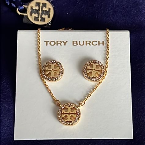 Beautiful Set Of Authentic Tory Burch Miller Pave' Studs Earrings & Necklace In Gold Tone Necklace Size 16" Super Cute Brand New...Dust Bag Include!! Rose Gold Pearl Necklace, Tory Burch Necklace, Diamond Charm Necklace, Triple Layer Necklace, Honeycomb Necklace, Pearl Logo, Water Pearl Necklace, Multi Necklace, Pave Necklace