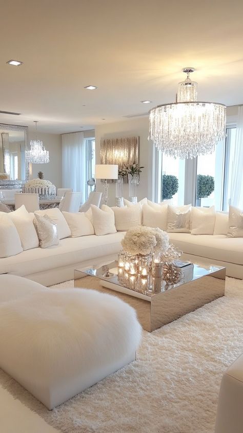 Glam Family Room Decorating Ideas, Luxury Apartment Aesthetic Living Room, Luxury Comfy Living Room, Influencer Living Room, Luxury Family Room Design, Cloud Couch Living Room Aesthetic, Big White Living Room, All White Living Room Ideas, Dream Living Room Luxury