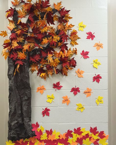 Light Up Wall Tree, How To Make A Tree For A Bulletin Board, 3d Fall Tree On Wall Classroom, Fall Tree Decorations Classroom, Be Leaf In Yourself Bulletin Board, Tree For Bulletin Board, Fall Tree Bulletin Board Ideas, Fall Board Ideas, Autumn Bulletin Boards