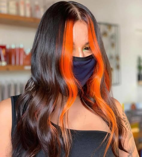 Neon Orange Money Piece Hair, Halloween Money Piece Hair, Money Piece Hair Orange, Orange Money Piece Hair Brunette, Neon Money Piece Hair, Brown Hair With Orange Money Piece, Colored Money Pieces On Dark Hair, Black Hair Orange Money Piece, Black Hair With Orange Money Piece