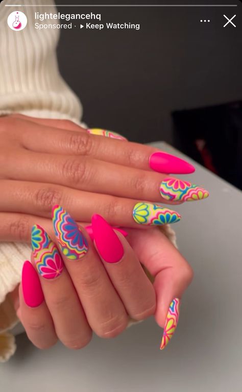 Vacation Nails Tropical Neon, Crazy Bright Nails, Neon Fruit Nails, Cricut Nails, Tropical Nail Designs Bright Colors, Neon Comic Nails, June Nails, Bright Summer Nails, Tie Dye Nails