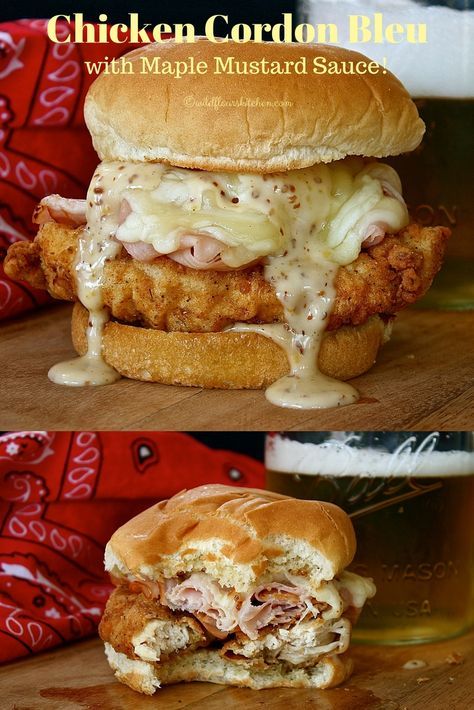 Chicken Cordon Bleu Sandwiches with Maple Mustard Sauce - Wildflour's Cottage Kitchen Cordon Bleu Sandwich, Chicken Cordon Bleu Sandwich, Maple Mustard Sauce, Maple Mustard, Chicken Cordon, Mustard Sauce, Chicken Cordon Bleu, Burgers Sandwiches, Think Food