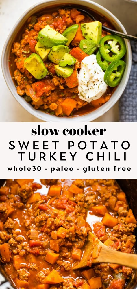 This Sweet Potato Turkey Chili is so thick and hearty, and easy to make in the crockpot or instant pot! Loaded with healthy ingredients like ground turkey, sweet potato, tomato, onion, bell pepper, diced green chiles, and tons of flavorful spices! Paleo, Whole30, dairy free and gluten free too! Slow Cooker Sweet Potatoes, Sweet Potato Chili, Green Chiles, Turkey Chili, Instant Pot Dinner Recipes, Healthy Crockpot, Dinner Recipes Crockpot, Healthy Crockpot Recipes, Instapot Recipes