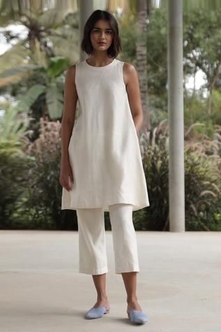 Shop for The Summer House White Nailah Handwoven Chanderi Tunic And Pant Set for Women Online at Aza Fashions Co Ords Outfits, Casual Indian Fashion, Coord Set, Pakistani Dress, Shirts Design, Stylish Dress Designs, Sleeveless Tunic, Suit Designs, Crop Pants