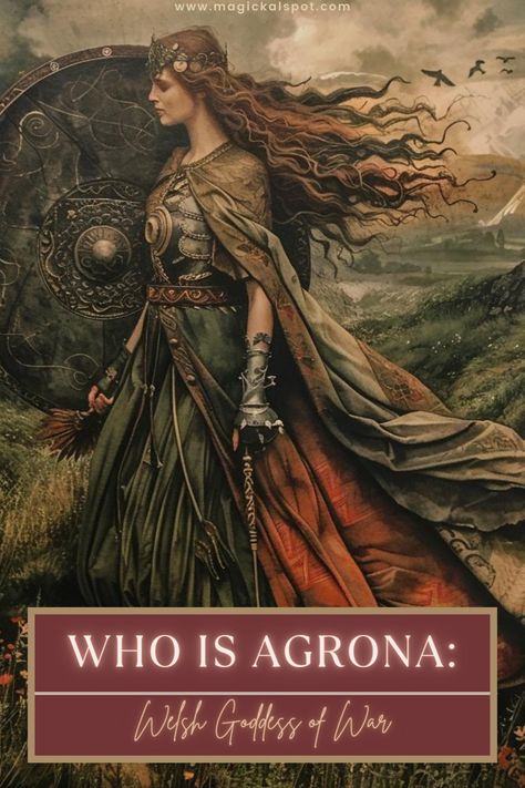 Meet the fierce 🗡️ Agrona, 'Welsh Goddess of War.' Delve into the lore of this powerful deity, embodying strife and sovereignty. Discover her influence in Celtic mythology and how to connect with her warrior spirit. 🛡️✨ Ideal for those drawn to the strength and resilience of goddess energies. Embrace the power of Agrona in your practice for courage and protection. 🔥🌿 Welsh Gods And Goddesses, Elen Of The Ways Goddess, Welsh Deities, Welsh Gods, Celtic Gods And Goddesses, Welsh Goddess, Wild Women Quotes, Welsh Mythology, Mythology Creatures