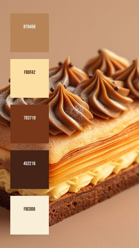 Colors: B78456 ° FBDFA2 ° 783719 ° 452216 ° F8EDD6 Chocolate Color Combinations, Peanut Butter Color Palette, Dessert Colour Palette, Pastry Color Palette, Brown Pallete Color, Chocolate Colour Palette, Food Colour Palette, Dessert Color Palette, Bakery Color Palette