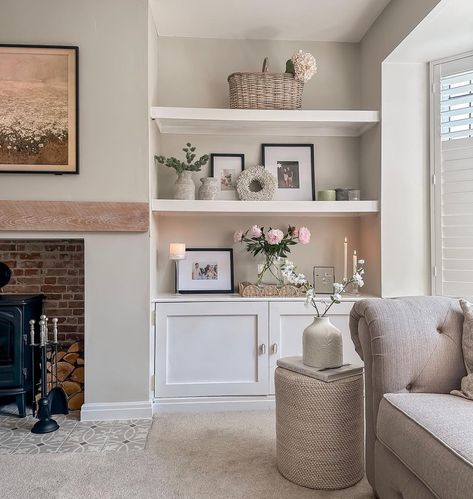 Helena Jones | A few shelf styling tips 🤍 Concrete vases - @whitebarn_home Wreath - @thewhitecompany Candle holders - @samroseinteriors Artichoke… | Instagram Alcove Ideas Living Room, Log Burner Living Room, Lounge Room Styling, Built In Shelves Living Room, Living Room Renovation, Beige Living Rooms, Living Room Decor Fireplace, Cosy Living Room, Living Room Design Inspiration