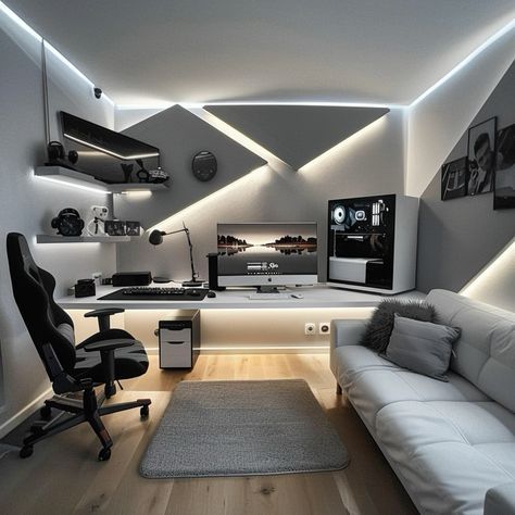 Check out these space-saving solutions to optimize your small gaming room setup. Futuristic Gamer Room, Minimalist Gamer Room, Pc Workstation Setup, Gaming Room Setup Black, Gamer Room Design Modern, Gaming Setup Modern, Luxury Gaming Room Setup, Futuristic Gaming Room, Gaming Pc Setup Ideas