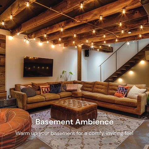 Make Unfinished Basement Cozy, Small Walkout Basement Ideas, 100 Year Old Basement Remodel, Unfinished Basement Decor, Small Cozy Basement Ideas, Unfinished Basement Family Room, Unfinished Basement Ideas On A Budget, Cozy Unfinished Basement, Modern Rustic Basement